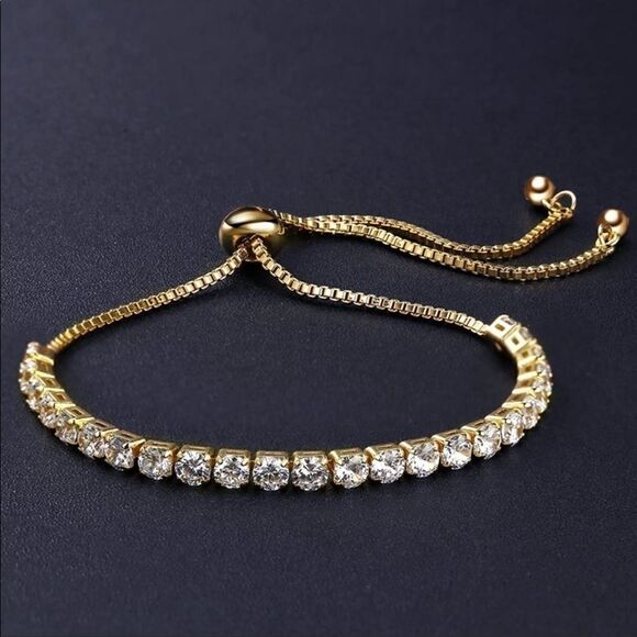 NEW Crystal Zirconia Tennis Bracelet 14K Gold Adjustable Slide Bracelet - Picture 3 of 5